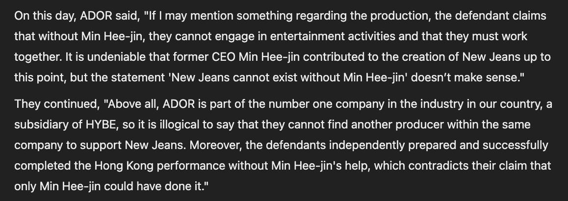 PoppyKPoppie's tweet photo. 1. trust was broken becoz "ador" unilaterally dismissed mhj without informing the members. 

2. trust was further broken becoz all of the members concerns weren't addressed - and to this day, has never been addressed.

3. trust has completely ben severed despite the formal 14 day notice, ador did not take steps to address the members concerns, in return, gave excuses to the media - not to the members themselves.

MHJ was an integral person for NJZ - not just for their concepts and music but this was the person who has never broken the members trust. the only person that fought for them to debut, fought for them to have creative freedom and fought for them to have artists rights. 

NJZ can exist without MHJ, but they choose to co-exist with her because trust, above everything else is there. its felt. ADOR is trying to imply that they can substitute MHJ with a random grammy producer. that doesn't resolve anything. as a matter of fact, its a slap in the face thinking a grammy producer is the key to bringing NJZ back to ADOR. it was never about that to begin with.

ADOR became known because of MHJ and NJZ and the OG team that all worked harmoniously and autonomously without hybe's intervention. 
Hybe can never ever take credit for any of NJZ's success. the financial assistance given to NJZ has already been returned - more than what has even been invested. money is all that hybe can brag about. and money is all hybe is always after.

using MHJ as an argument to why NJZ's exclusive contract remains valid is such a novice move for kim & chang. this only proves, they (ADOR/Hybe) will continue to use ppl, destroy ppl, and invalidate ppl just so they can validate all these lies.

this judge better see through all this bullshit, because if a random person like me, who only has so much legal knowledge is able to deduce this, then someone of a judge's caliber should be more than capable.