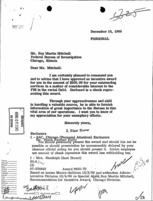 commsurreallism's tweet image. A letter from J. Edgar Hoover commending Roy Martin Mitchell on his role  in the killing of Fred Hampton, and enclosing a financial reward. #blackpanthers #blacktwitter #fredhampton #blackpanther