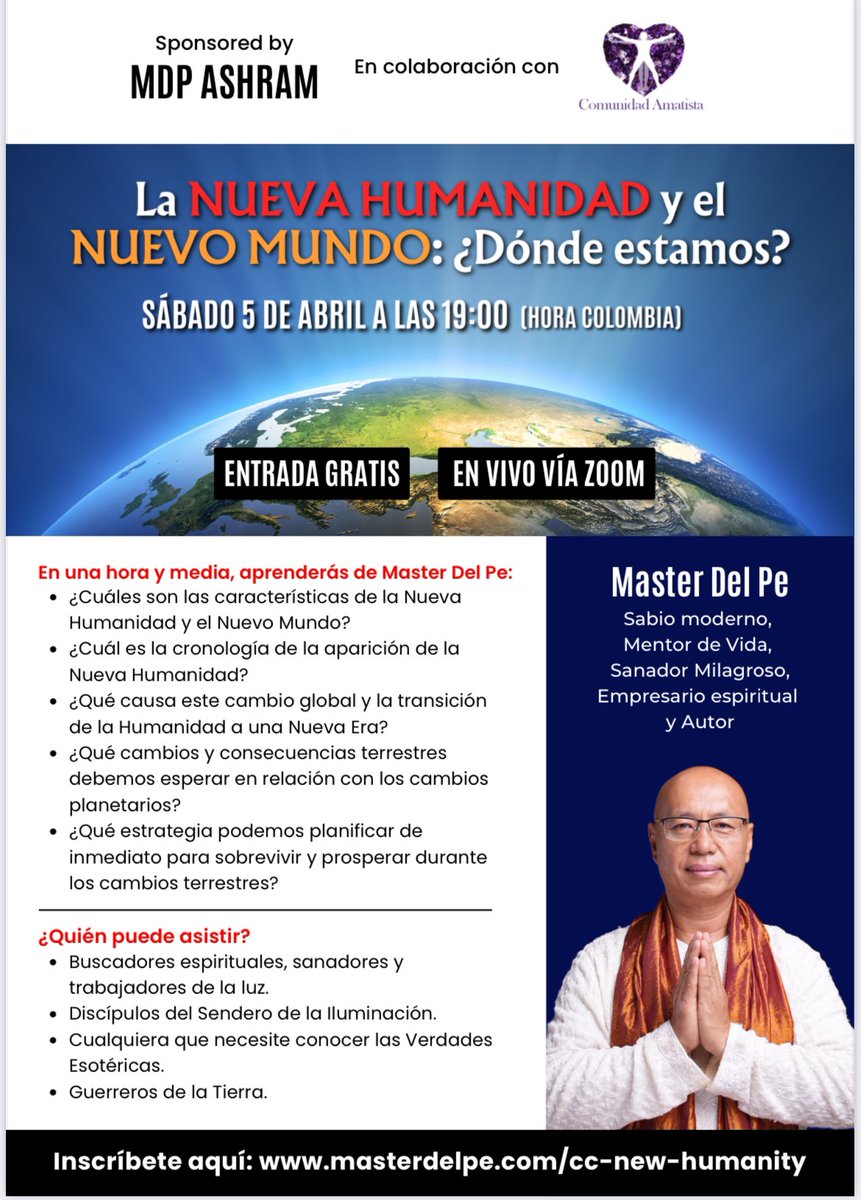 The Sassi Coach (@isasyk) on Twitter photo Colombia no te pierdas esta charla magistral. Abrebocas de lo que vivirás en la visita de <a href="/TheMasterDelPe/">Master Del Pe</a>
Regístrate aquí: masterdelpe.com/cc-new-humanity Colombia no te pierdas esta charla magistral. Abrebocas de lo que vivirás en la visita de <a href="/TheMasterDelPe/">Master Del Pe</a>
Regístrate aquí: masterdelpe.com/cc-new-humanity