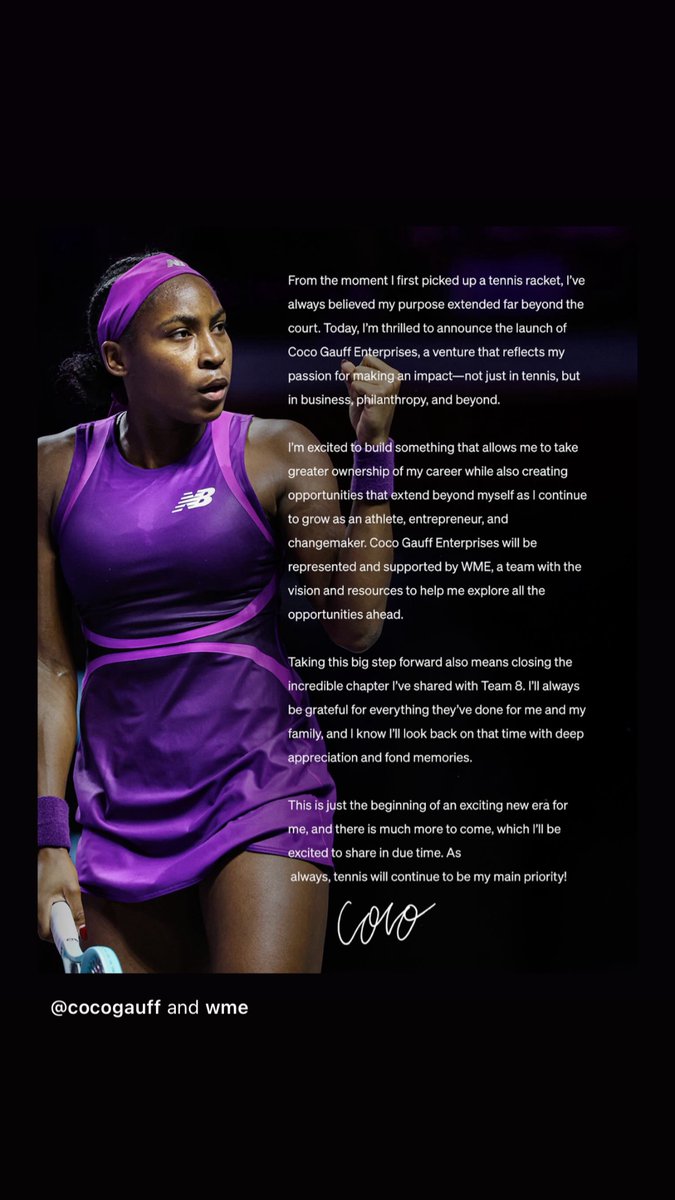 New beginnings !! 🫶🏾

I’m thrilled to announce the launch of Coco Gauff Enterprises, powered by <a href="/WME/">WME</a>.