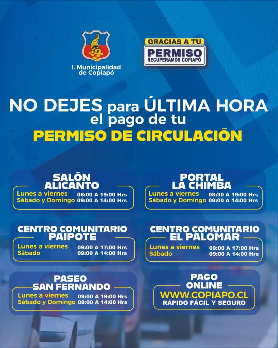 Elzorronortino's tweet image. La municipalidad de Copiapó anunció que mantendrá tres puntos de pago habilitados para el pago del Permiso de Circulación 2025. Estarán disponibles hasta el 4 de abril.

#atacama #elzorronortino #seguidores #destacarme #noticiasdehoy #municopiapo #copiapo #permisodecirculacion