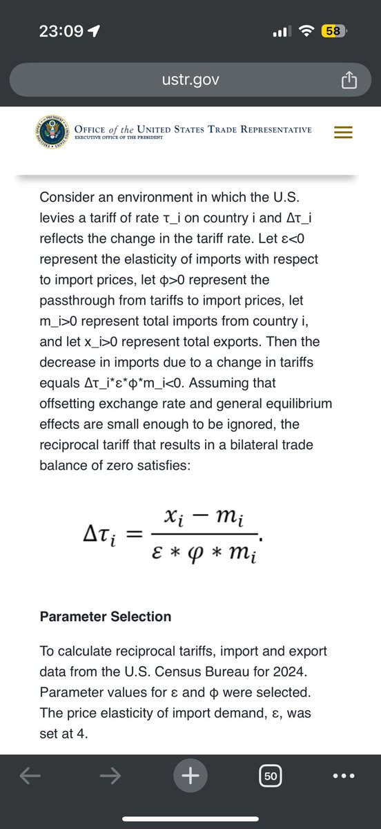Ryan Kailath (@ryankailath) on Twitter photo The <a href="/USTradeRep/">United States Trade Representative</a> methodology is just the back-of-napkin calculation Surowiecki identified dressed up in jargon
If ε = 4 and φ = 0.25, the formula reduces to (exports – imports)/imports
Did they reverse engineer this to provide “academic” cover? The <a href="/USTradeRep/">United States Trade Representative</a> methodology is just the back-of-napkin calculation Surowiecki identified dressed up in jargon
If ε = 4 and φ = 0.25, the formula reduces to (exports – imports)/imports
Did they reverse engineer this to provide “academic” cover?