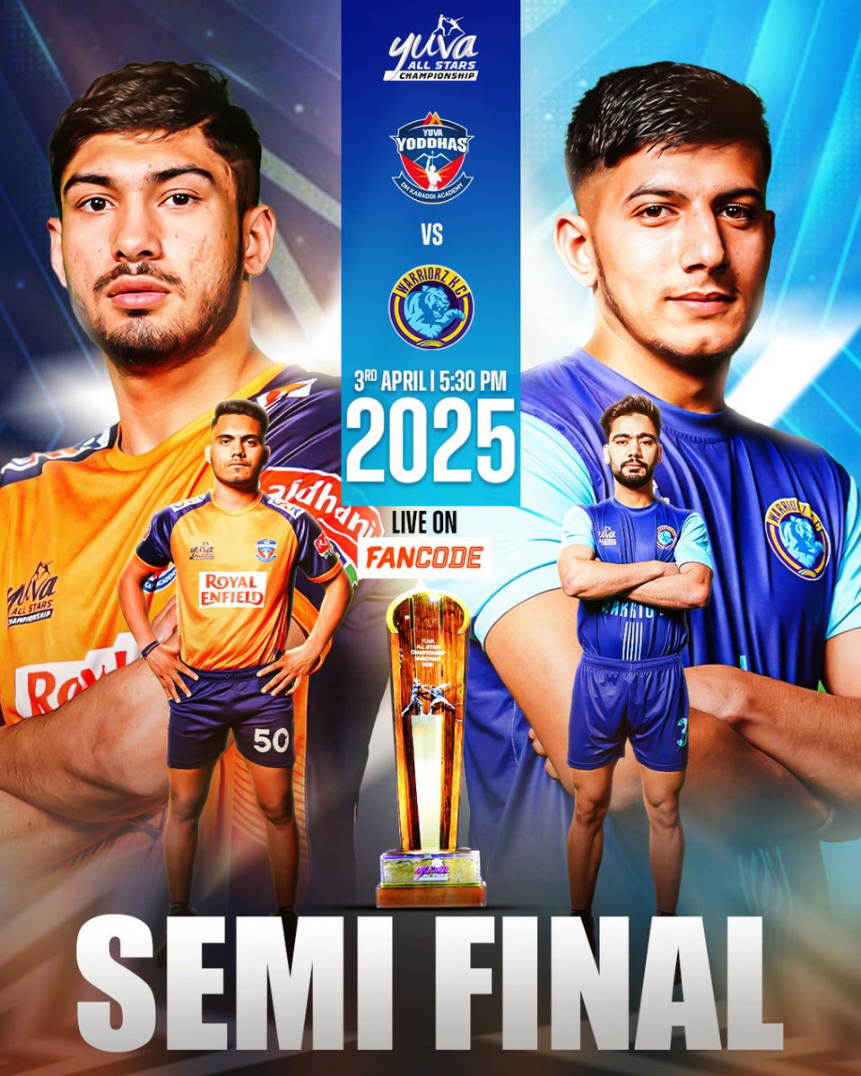 Semi-Final Showdown! ⚔️ 

Yuva Yoddhas take on Warriorz KC in a battle for a spot in the finals! Who will rise? 🏆🔥 

Catch the action LIVE at 5:30 PM today on FanCode!