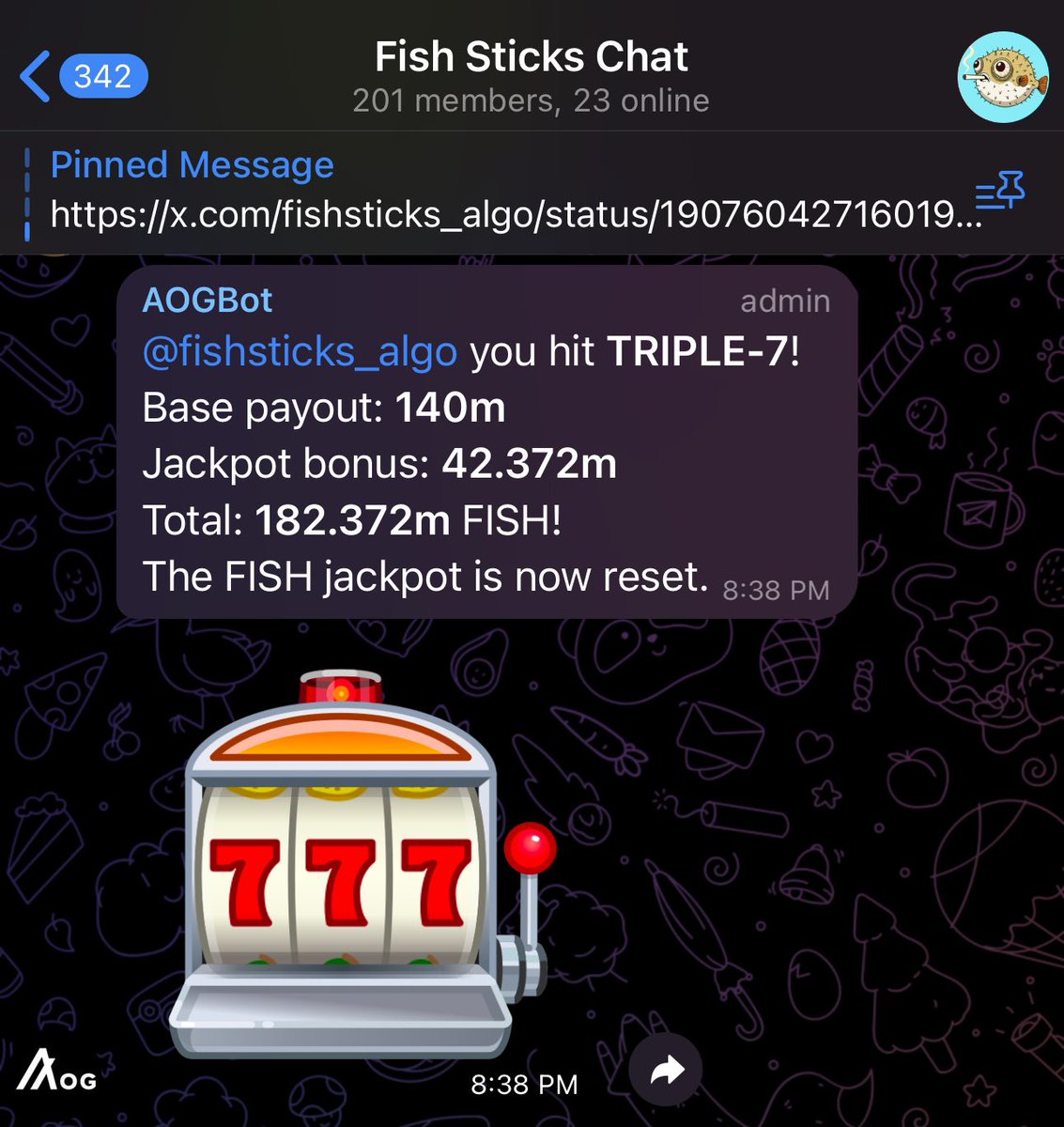 Fish Sticks (@fishsticks_algo) on Twitter photo Come join our Telegram!
Just won nearly 200 Million $FISH ($250) playing slots‼️‼️
Casino, Buybot, leaderboards, memes & more!!!
Use shoutout to <a href="/Algorand_OG/">AOG Community</a> for putting it together!
Telegram: t.me/Fishstickalgoc… Come join our Telegram!
Just won nearly 200 Million $FISH ($250) playing slots‼️‼️
Casino, Buybot, leaderboards, memes & more!!!
Use shoutout to <a href="/Algorand_OG/">AOG Community</a> for putting it together!
Telegram: t.me/Fishstickalgoc…