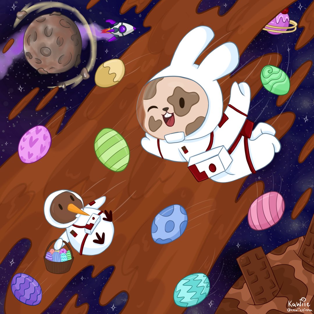 Kawiiezinha's tweet image. Feliz Páscoa pessoal! Coelhinho da páscoa e o kiwi astronautas explorando a galáxia doce 🐰🚀🥝 🍫

#Páscoa #DigitalArt #Illustration #CommissionsOpen
