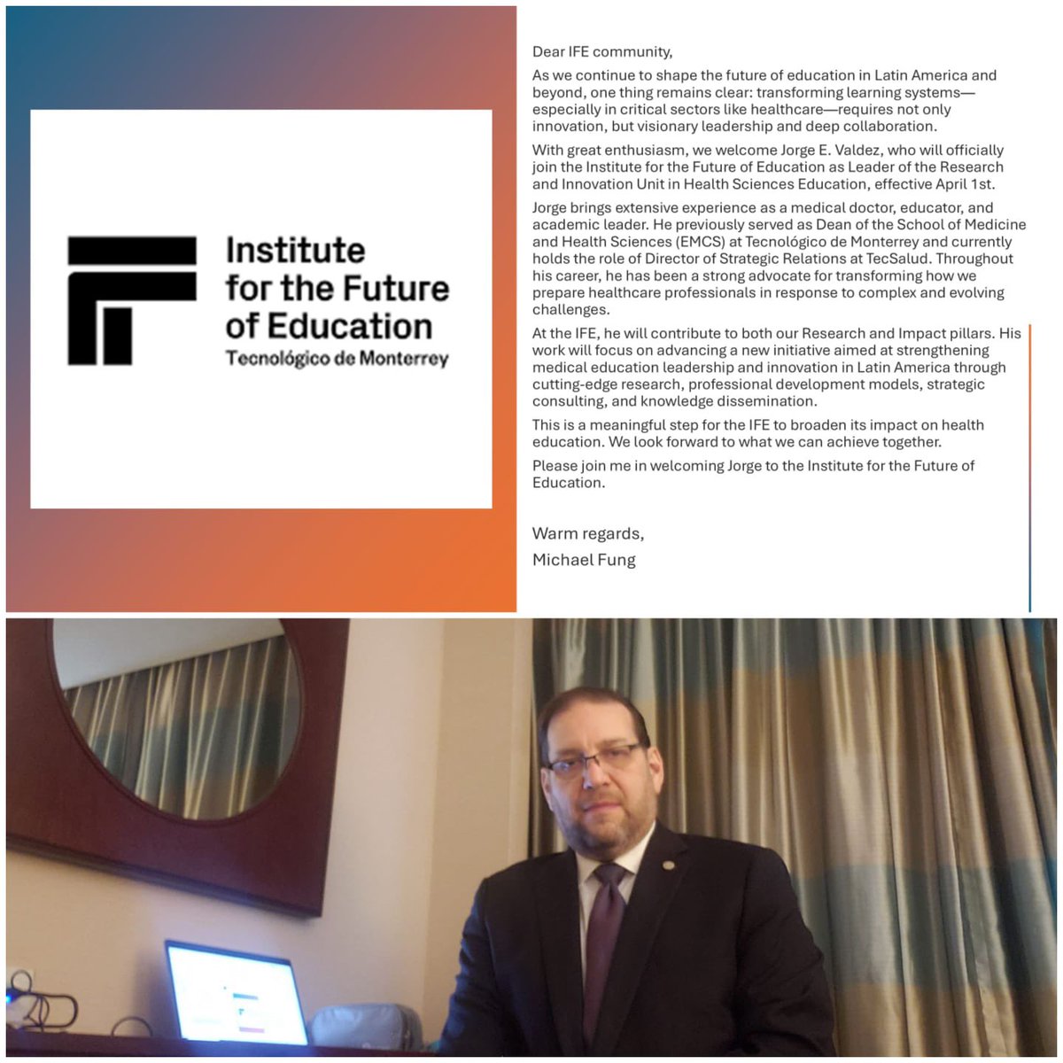 La AMFEM felicita a su Expresidente el Dr. Jorge Valdez García por su nombramiento como Lider de la nueva Unidad de Investigación e Innovación en Educación de Ciencias de la Salud del Instituto para el Futuro de la Educación.