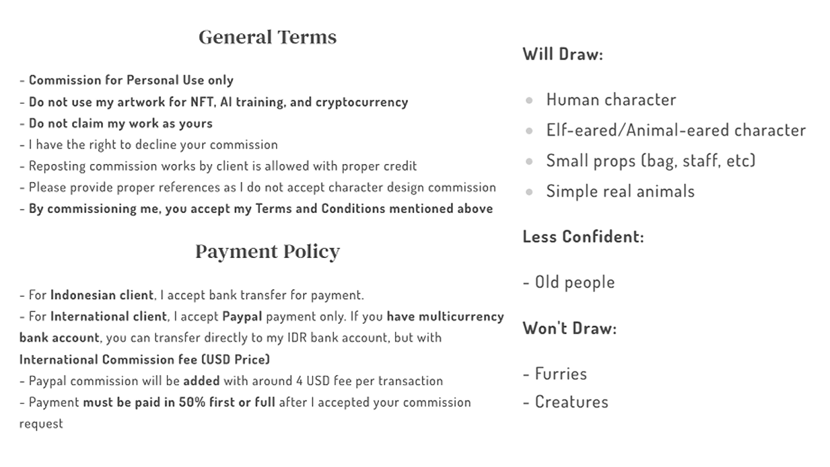 Hello, as I was laid off in the beginning of the year, I'm struggling to pay my monthly necessities including my monthly medication. I'm opening some custom C🅾️Ⓜ️Ⓜ️s! Please contact me by📧or ig DM. Open for 5 Spots for now!

Local price in IDR, please ask on 📧 and ig DM