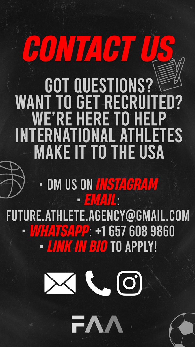 FutureAthAgency's tweet photo. Want to play high school or college sports in the U.S.?
We help international athletes get recruited, earn scholarships, and secure student visas.

DM us, email, or WhatsApp — we’re ready to help you make it happen. https://t.co/X23kesiRdh