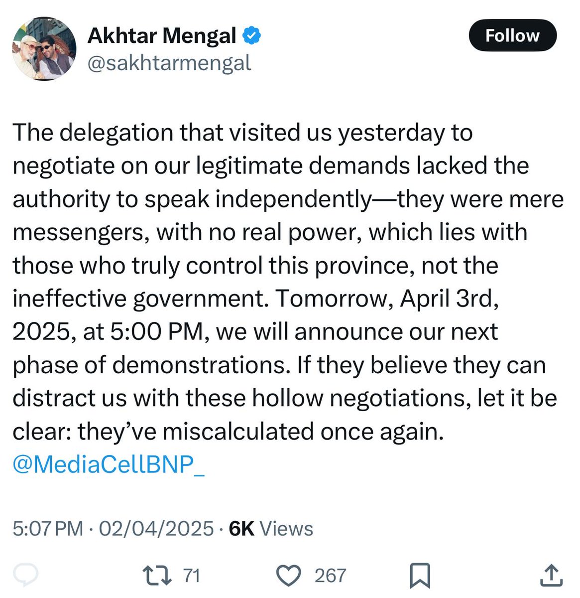 ParizayMalik123's tweet image. اختر مینگل کا ہر بار حکومت وفد سے بات چیت سے انکار ثابت کرتا ہے کہ اس کا واحد مقصد صرف انتشار پھیلانا ہے۔

 اختر مینگل کا ہر کھوکھلا سیاسی نعرابےنقاب ہوچکاہے اب دہشت گردوں کی سہولت کار خواتین کے نام پر صرف اپنی سیاست چمکا رہاہے۔
#عيد_الفطر_المبارك #هلال_شوال