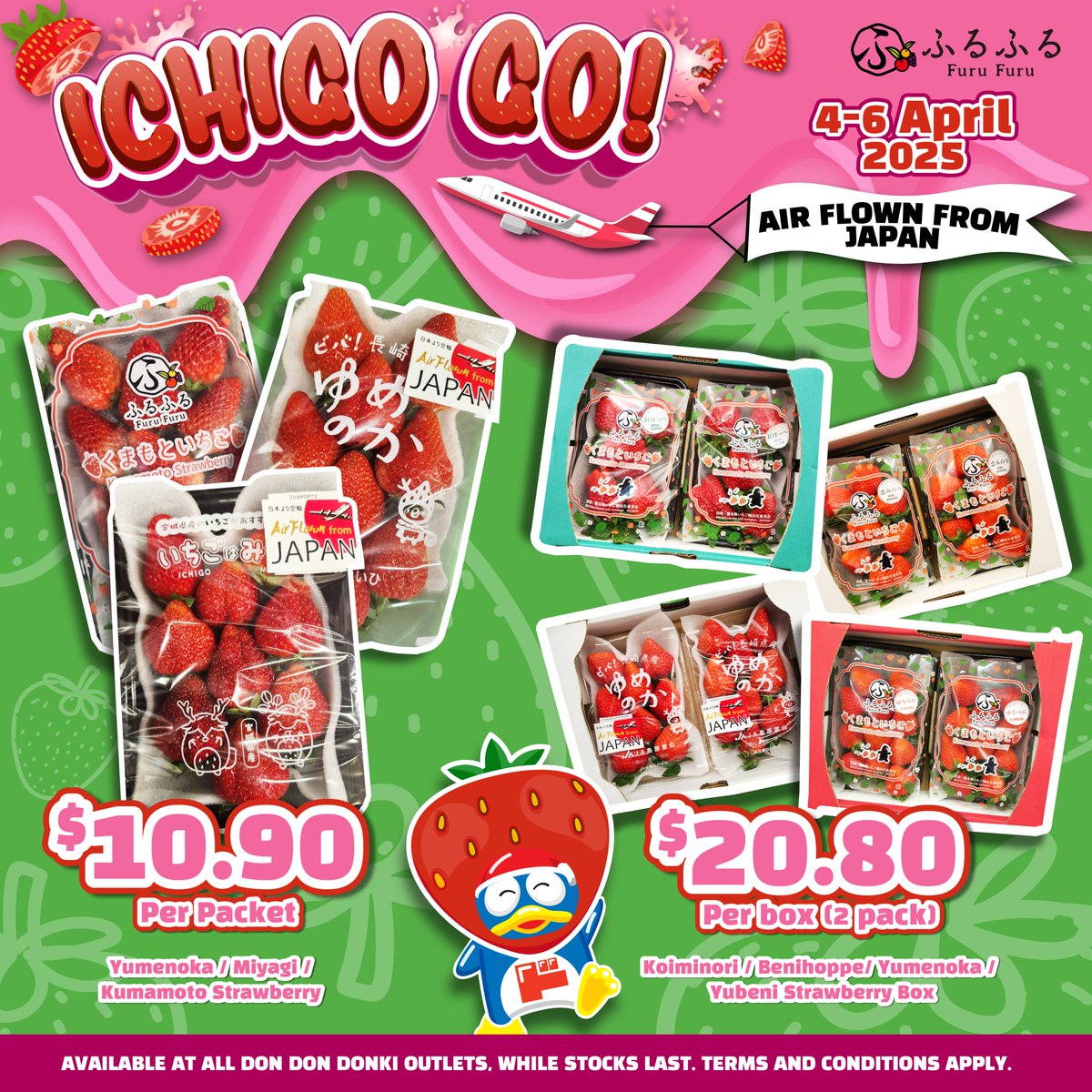 donkisg's tweet photo. 🍓 ICHIGO GO IS BACK AGAIN &amp; SWEETER THAN EVER! 🍓

Strawberry lovers, rejoice! 🎉 Due to overwhelming demand, premium Japanese strawberries are making a berry sweet comeback at DON DON DONKI! 🍓✨
📅 4-6 Apr
💰 From as low as $10.90 per pack! https://t.co/gtczHLs4JU