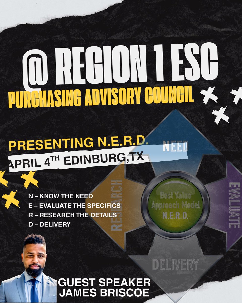Taking N.E.R.D. on the Road!
Next stop: Region 1 ESC!

I’m incredibly honored for the opportunity to present the N.E.R.D. Best Value Approach on behalf of CFISD to a dynamic group of procurement professionals and educational leaders.

Thank you, Region 1 ESC, for the invitation