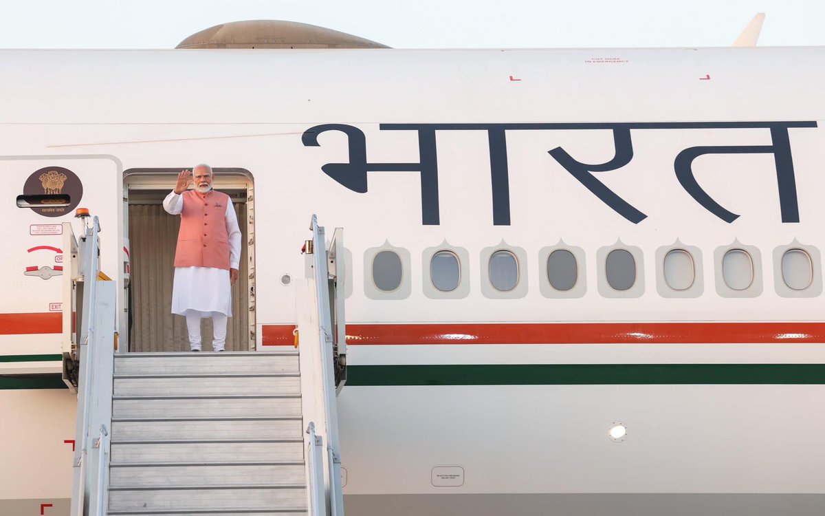 BJP4India's tweet photo. PM Shri @narendramodi emplanes on a four-day visit to Thailand and Sri Lanka. https://t.co/HompikmSt4