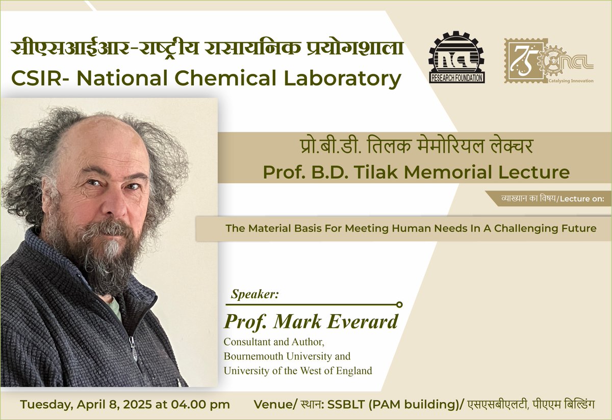 csir_ncl's tweet photo. We are glad to invite you to the Prof. B. D. Tilak Memorial Lecture by Prof. Mark Everard, Consultant and Author, Bournemouth University and University of the West England.
Date: Tuesday, April 8, 2025
Time: 4:00 PM
Venue: SSBLT (PAM building)
@CSIR_IND @AshishLele3467 https://t.co/bzm9Q3vH0v