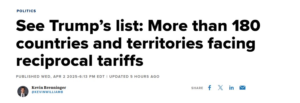 1/ Trump vừa khiến cả thế giới nguy cơ suy thoái — chỉ với 1 phép chia "toán cấp 1".

Ngày 2/4, ông công bố loạt thuế mới và gọi đó là:

👉 "Thuế đáp trả tương xứng" (Reciprocal Tariffs).

Nghe hợp lý? KHÔNG.

Đây là 1 cú đánh rất... kỳ quặc.

👇 Thread siêu
