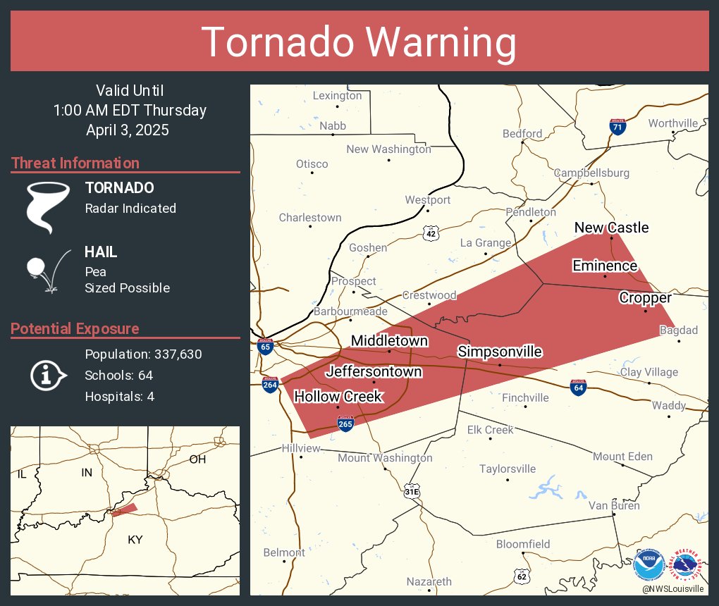 NWSLouisville's tweet image. Tornado Warning including Jeffersontown KY, Middletown KY and  Douglass Hills KY until 1:00 AM EDT