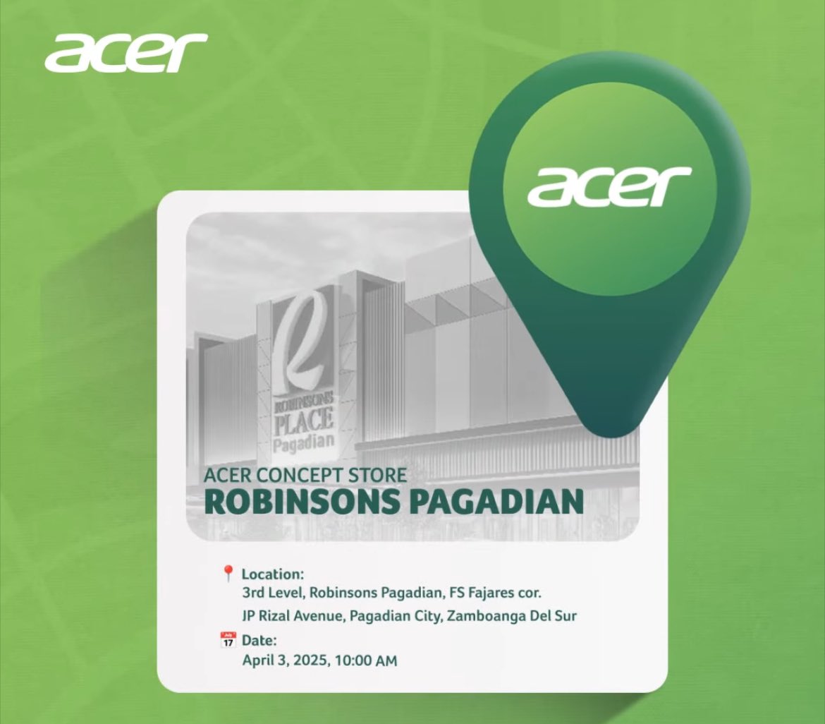 Hello, Ninang <a href="/AcerPhils/">Acer Philippines</a>! Welcome to Pagadian City! A’TIN ZamboSur is looking forward to purchasing MINTYLADORSES from this branch. 🍃

And Ninang, beke nemen hehehehe, pakiuwi po si Ken Suson dito sa hometown nya and bring with him his brothers, <a href="/SB19Official/">SB19 Official</a>. We 💚 you, Ninang!