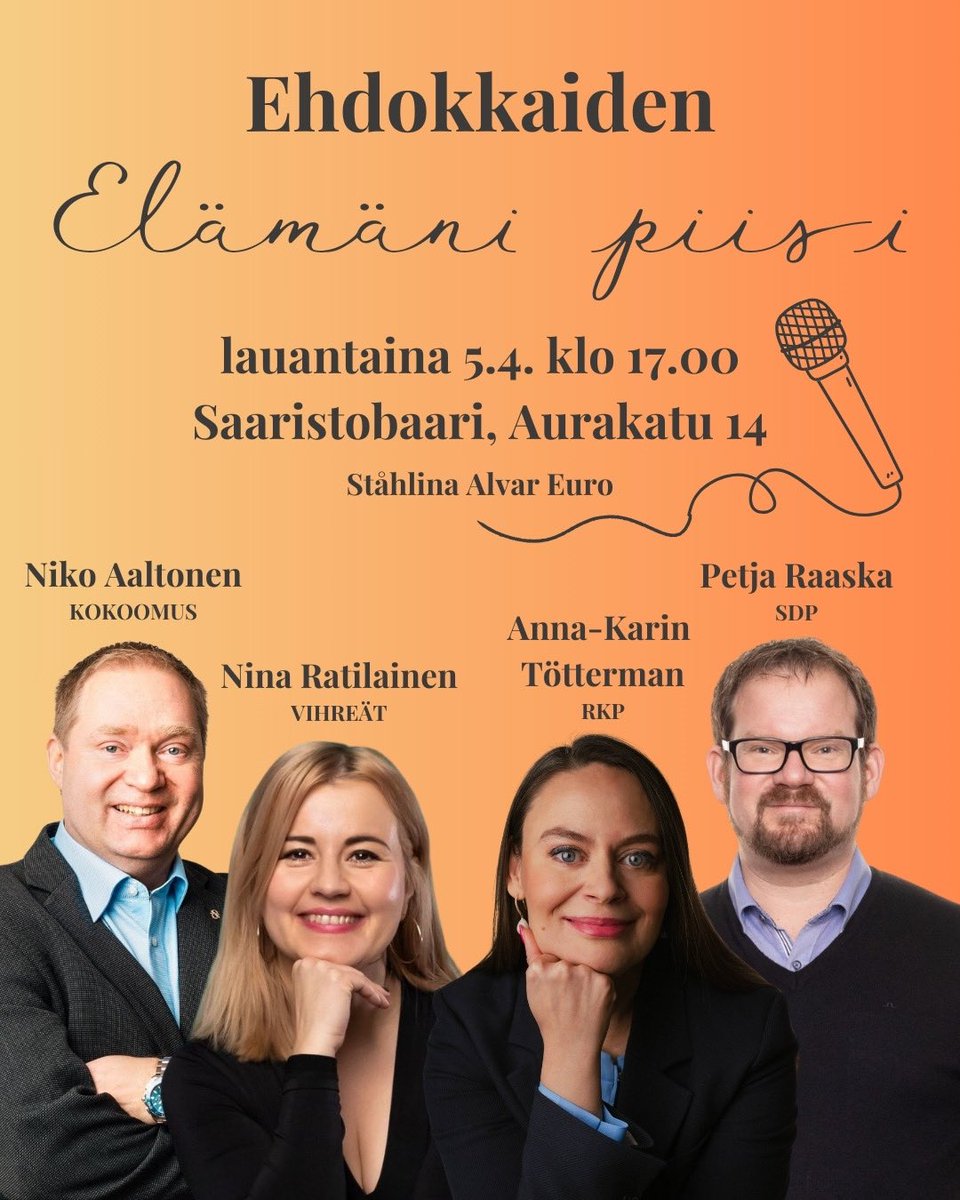 Tervetuloa vaaliaiheiseen illanviettoon lauantaina 5.4. klo 17.00-18.30 Saaristobaarissa. Alvar vetää musiikillisen tilaisuuden.