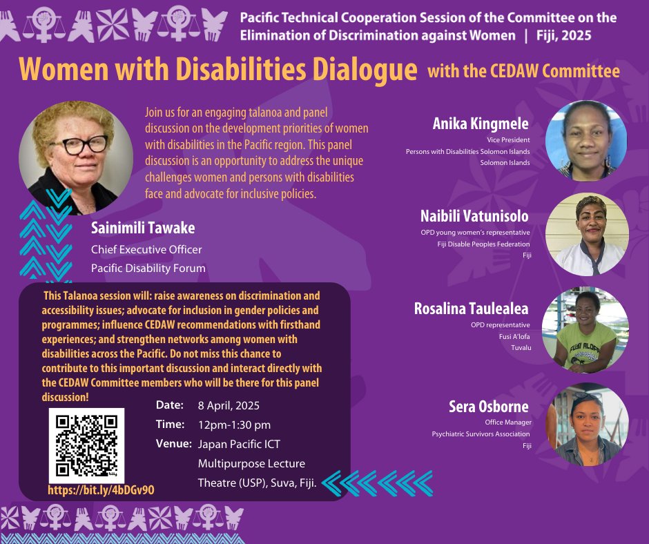 #PacificPeoples | Join us on Tuesday, 8 April 2025 at 12:00 pm for a Talanoa on Women with Disabilities. This event is open to the public so feel free to join us face to face at the USP Japan Pacific ICT Multipurpose Lecture Theatre. #CEDAW #PacificCollaboration #CEDAWPacific