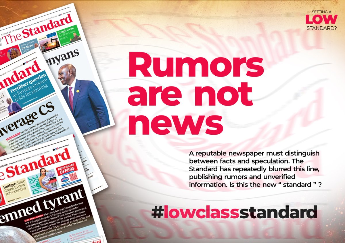 Terry_ke001's tweet photo. The role of journalism is to inform, educate, and hold power to account. But The Standard has abandoned these principles, choosing propaganda over facts, sensationalism over credibility, and bias over balance.#LowerClassStandard
Day after day, The Standard misleads the public with exaggerated headlines and politically motivated stories designed to stir controversy rather than inform.
Instead of objective reporting, they serve as mouthpieces for special interests, twisting facts to fit their narratives. This is not responsible journalism—it is deliberate misinformation meant to create confusion and division.
@MoiGideon @MsMugure