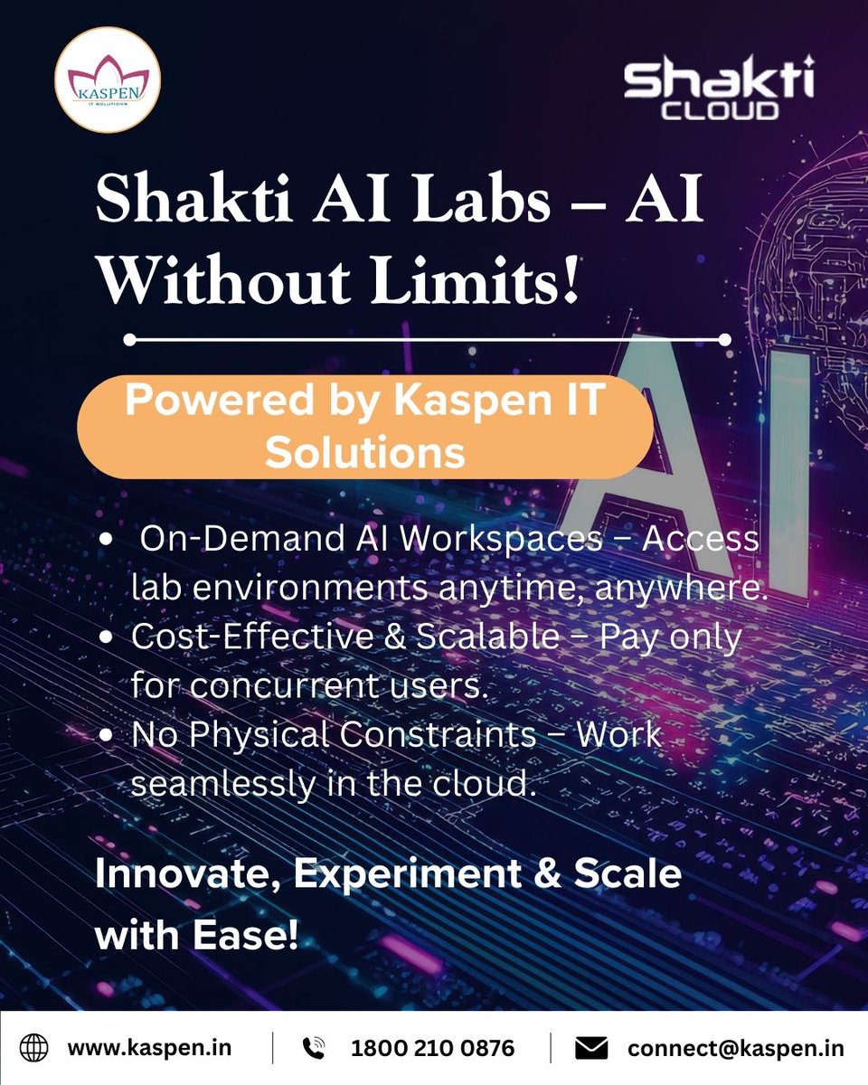 ItKaspen's tweet photo. AI Labs Made Smarter!  Work from anywhere with a cost-effective, scalable AI lab solution by Kaspen IT Solutions.

#ShaktiAILabs #AI #OnDemandAI #CloudComputing #ScalableSolutions #AIWorkspaces #KaspenIT #TechInnovation #Kaspen #ITSolution https://t.co/CGm2fsyHJM