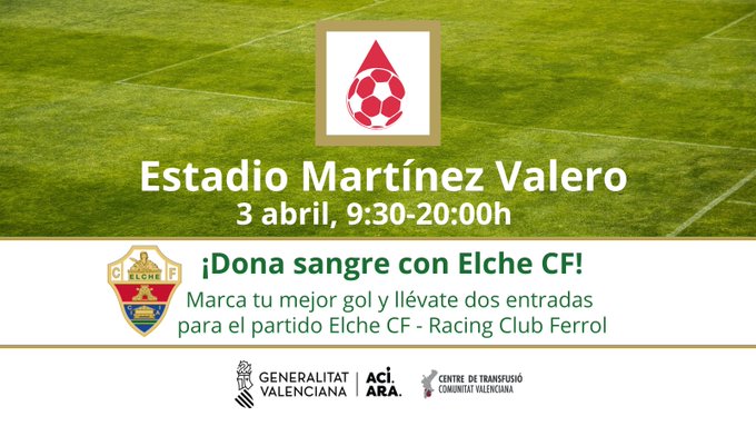 💚 Vuelve la donación de sangre al Martínez Valero! 🏟️🩸⚽️

📅jueves 3 de abril
ℹ️ De 9:30 a 20:00 horas.

🎟️ El <a href="/elchecf/">Elche Club de Fútbol</a> obsequiará a cada donante con dos entradas para el #ElcheFerrol
