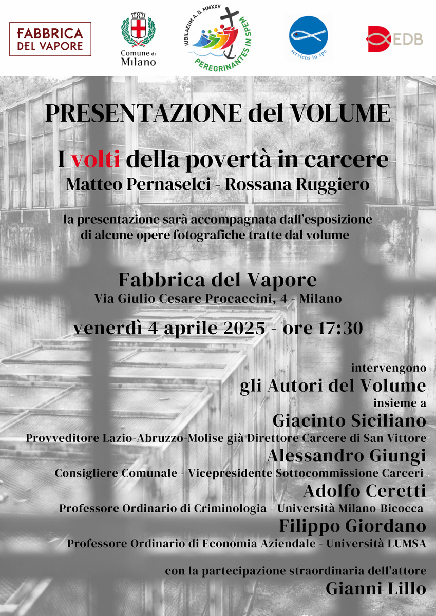 📅4 aprile ore 17:30, <a href="/FdVMilano/">Fabbrica del Vapore</a>. Presentazione de 𝐈 𝐯𝐨𝐥𝐭𝐢 𝐝𝐞𝐥𝐥𝐚 𝐩𝐨𝐯𝐞𝐫𝐭𝐚̀ 𝐢𝐧 𝐜𝐚𝐫𝐜𝐞𝐫𝐞 di <a href="/Ruggierossana/">Rossana Ruggiero</a> e foto di <a href="/pernaselci_/">Matteo Pernaselci</a>
🎙Con Giacinto Siciliano, Alessandro Giungi e l'attore Gianni Lillo. Un dialogo su dignità e giustizia.
dehoniane.it/9788810438244-…