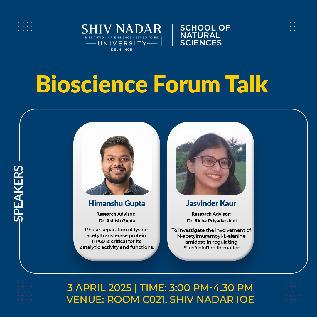 dls_snioe's tweet photo. #BioScienceForum
Join us today! 3-4:30 pm, C021
Speakers: Himanshu Gupta & Jasvinder Kaur, Research scholars, Dep of Life Sciences
Himanshu: The vital role of TIP60 protein in key cellular functions
Jasvinder: Amidase and its role in biofilm regulation in E. coli https://t.co/9c76QodY2k