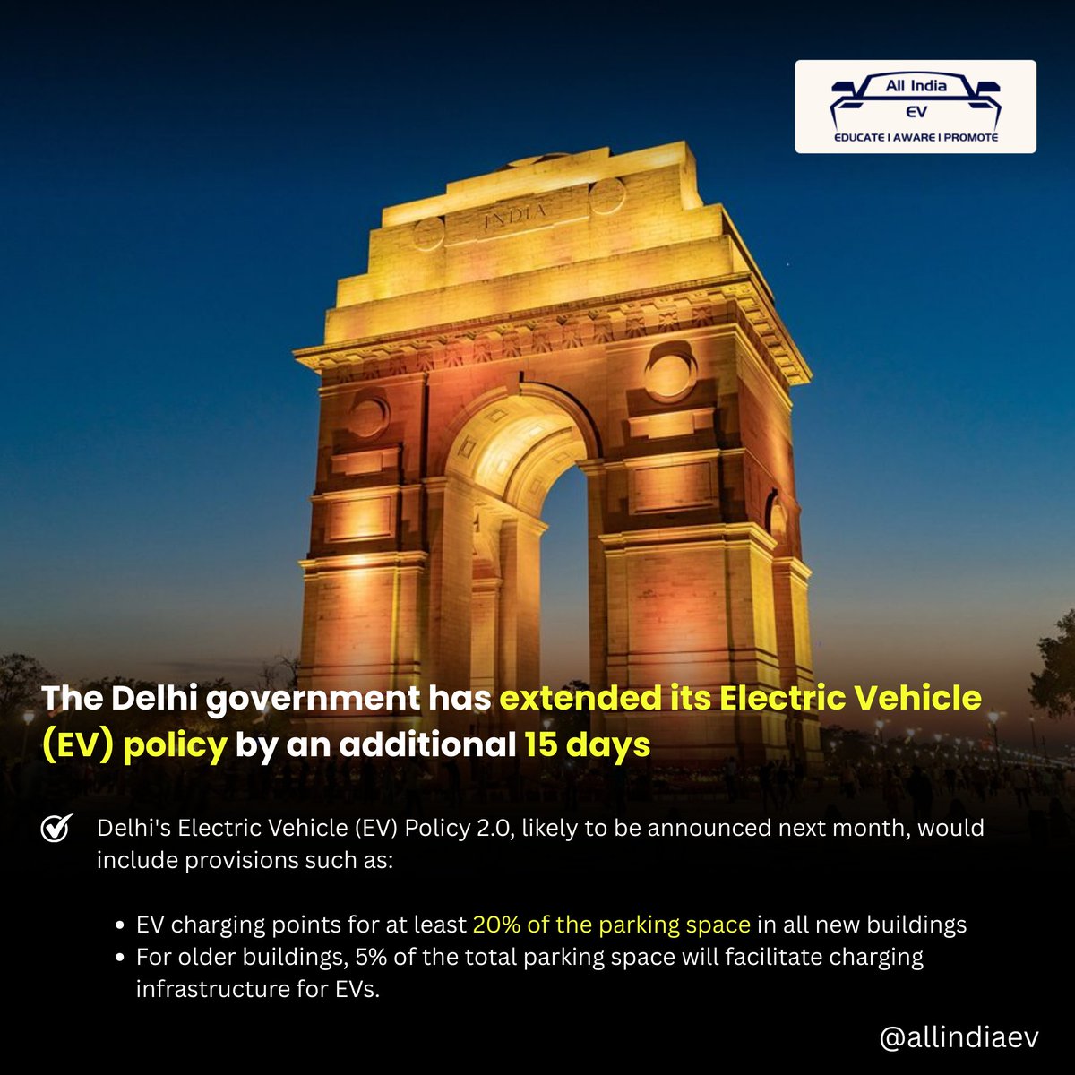 All India EV (@allindiaev) on Twitter photo ๐จ Delhi extends EV Policy for 15 days as new draft gets ready!
๐ โน30K for 2W EVs
๐ โน30K for e-rickshaws & carts
๐ฒ 25% subsidy on e-cycles
๐ข Mandatory EV chargers in new buildings
โป๏ธ 100% electric garbage fleet by 2027
<a href="/NITIAayog/">NITI Aayog</a> ๐จ Delhi extends EV Policy for 15 days as new draft gets ready!
๐ โน30K for 2W EVs
๐ โน30K for e-rickshaws & carts
๐ฒ 25% subsidy on e-cycles
๐ข Mandatory EV chargers in new buildings
โป๏ธ 100% electric garbage fleet by 2027
<a href="/NITIAayog/">NITI Aayog</a>