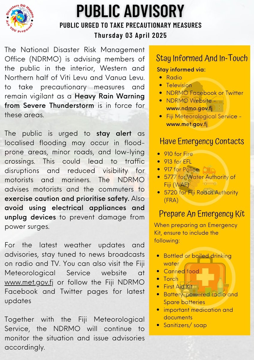 🚨PUBLIC ADVISORY📍

🚨Public urged to take necessary precautions 

✅Stay updated with latest weather advisories issued by the relevant authorities 

⚠️Heavy Rain Warning from Severe Thunderstorm in force for parts of Fiji

✅ Read more ⬇️
