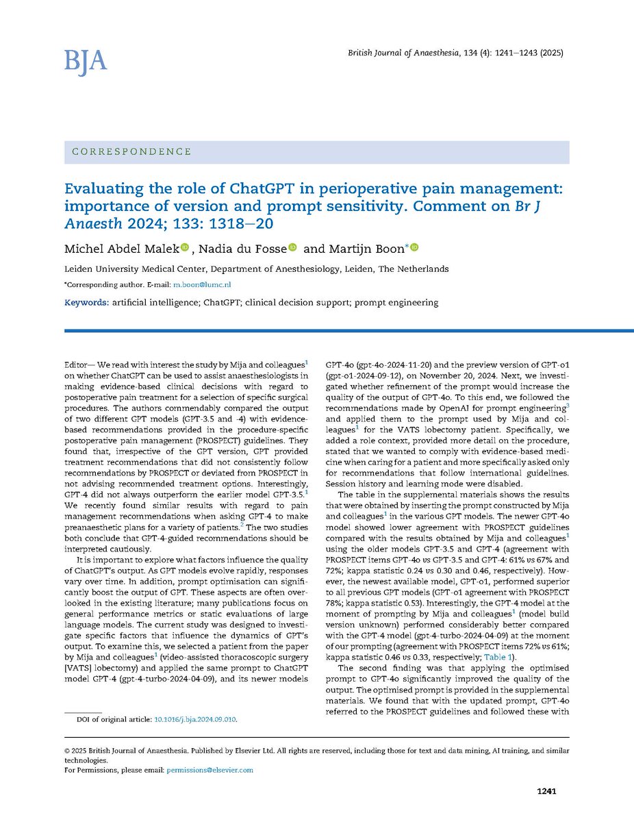BJAJournals's tweet image. Analysing #AI output quality for research poses challenges. ChatGPT adherence to #PROSPECT guidance on post-operative pain depended on quality of prompts, timing of use and memory from previous sessions bjanaesthesia.org/article/S0007-…