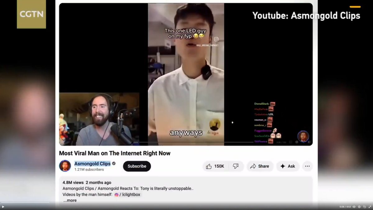 He made it. Baldy appears in China's state-owned media, CGTN, in a special featuring Tony from LC sign. 💀