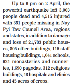 Data from SAC alone on the impact of #Myanmar earthquake. There're damage &amp; loss of 21,783 public houses, 805 office buildings, 115 staff housing buildings, 1,041 schools. All numbers expected to rise. 
#MyanmarEarthquake