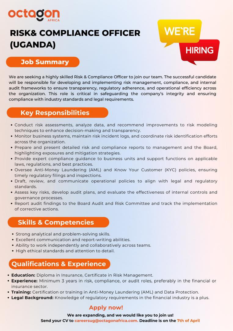 octagon_uganda's tweet image. JOB OPPORTUNITY ALERT!
We are looking for Business Development Manager for General, Life Assurance & Medical, and a Risk & Cimpliance officer.
If you meet the qualifications below send your CV to careersug@octagonafrica.com for review.
Good luck!
