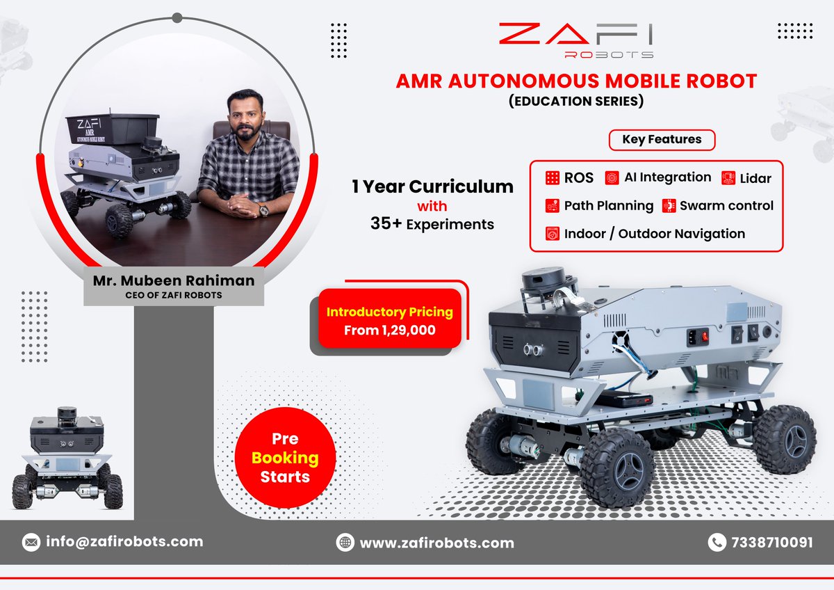 ZafiRobots's tweet image. The Future of Robot is Now! 🤖

@ZafiRobots AMR is here! AI-Powered | ROS-Based | Path Planning | Indoor/Outdoor Navigation and much more!

📢 Pre-Booking is LIVE! Get yours now 
Click Here to Book:
forms.gle/S5FNC5B241M2PY…

#ZafiRobots #AMR #AI #Robot #ZafiAMR #AIRobot