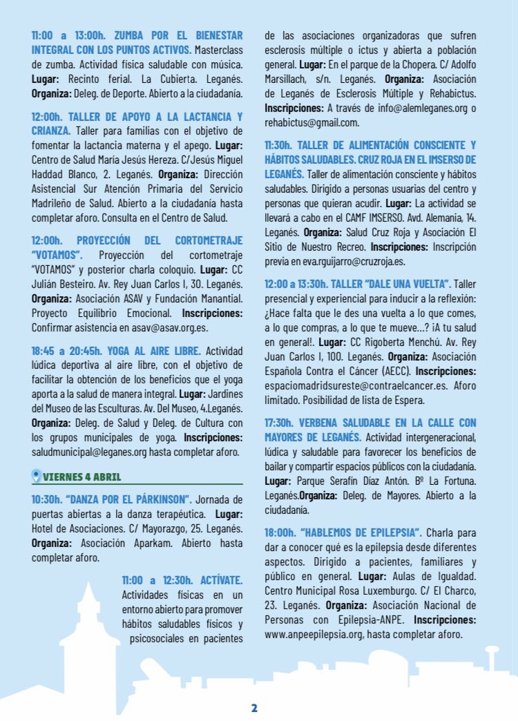VirginiaULEG's tweet photo. 🤗 ¡¡LLEGÓ EL DÍA!! ¡¡COMENZAMOS LA SEMANA DE LA SALUD 2025 EN LEGANÉS!! 🫂👟🧘♀️🚶🏥🍏🌈
➡️ Más de 50 actividades saludables.
🗓 3 al 11 de abril en #Leganés.
Os esperamos!
#ULEG #Leganés #SentimosLeganés #SelloULEG #SemanaSalud2025 https://t.co/ldZTwxXtH9
