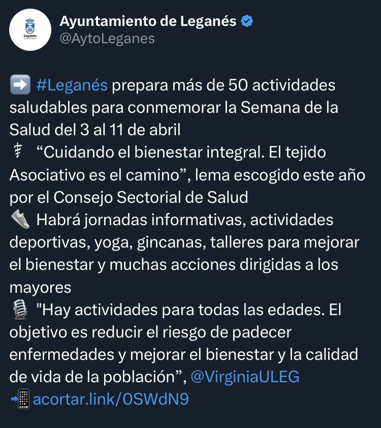 VirginiaULEG's tweet photo. 🤗 ¡¡LLEGÓ EL DÍA!! ¡¡COMENZAMOS LA SEMANA DE LA SALUD 2025 EN LEGANÉS!! 🫂👟🧘♀️🚶🏥🍏🌈
➡️ Más de 50 actividades saludables.
🗓 3 al 11 de abril en #Leganés.
Os esperamos!
#ULEG #Leganés #SentimosLeganés #SelloULEG #SemanaSalud2025 https://t.co/ldZTwxXtH9
