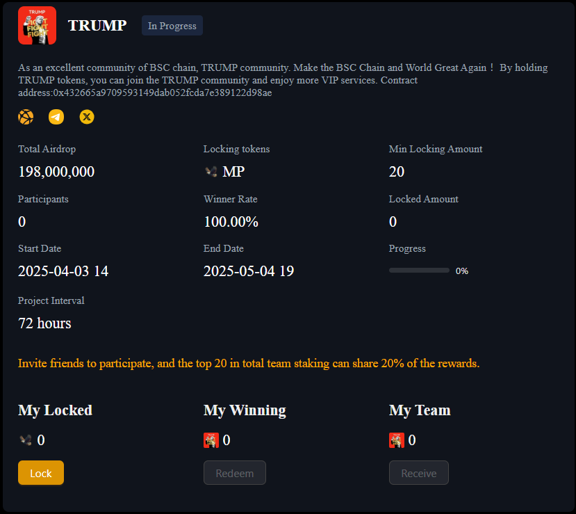 ❤️As an excellent community of #BSC chain, <a href="/TRUMP_Coin86/">TRUMP_COIN</a>  TRUMP community. 

👊👊Make the BSC Chain and World Great Again！ 
By holding TRUMP tokens, you can join the TRUMP community and enjoy more VIP services.

TRUMP CA:0x432665a9709593149dab052fcda7e389122d98ae

#Airdrop