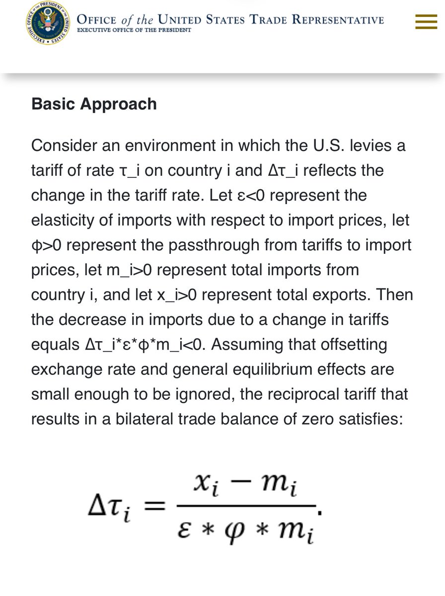 THREAD:

The so-called “reciprocal” tariff doesn’t reflect the tariffs charged elsewhere directly but essentially the size of a country’s trade surplus, which has been used as a proxy. The equation essentially is aimed at levying a fee that would get this surplus to zero.