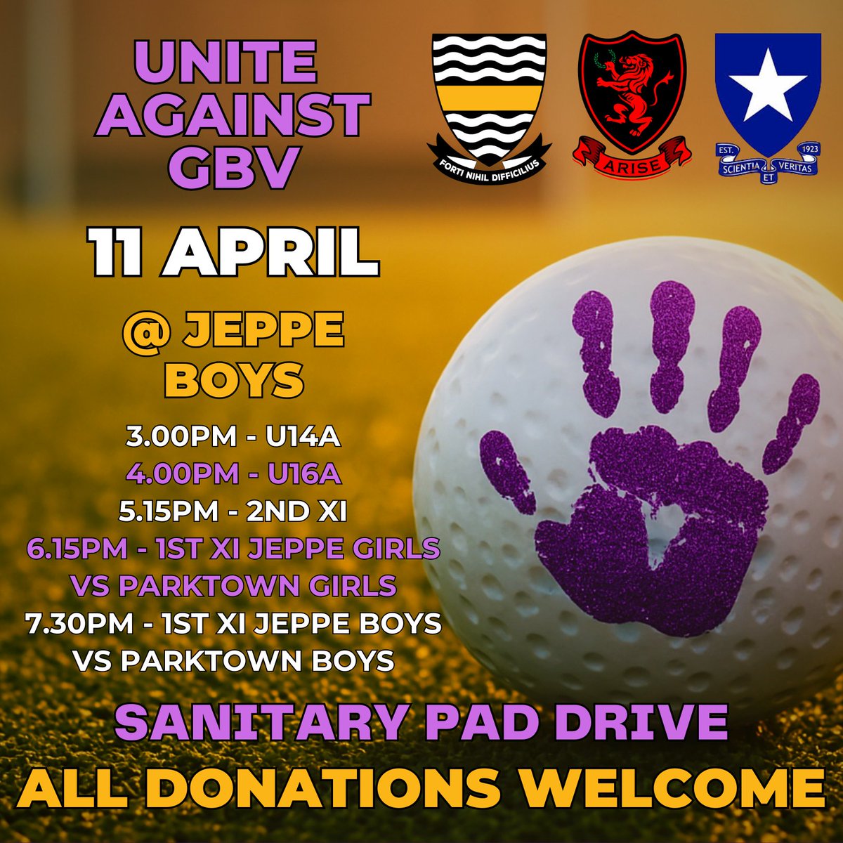More Than a Game—A Stand Against GBV!
On 11 April, the battle is more than just Parktown vs. Jeppe—it’s a stand for dignity and change.
Bring a pack of sanitary pads and drop them off at Jeppe on the day.
Come for the hockey. Stay for the cause. Be the difference.
#ARISE
#PBHS27