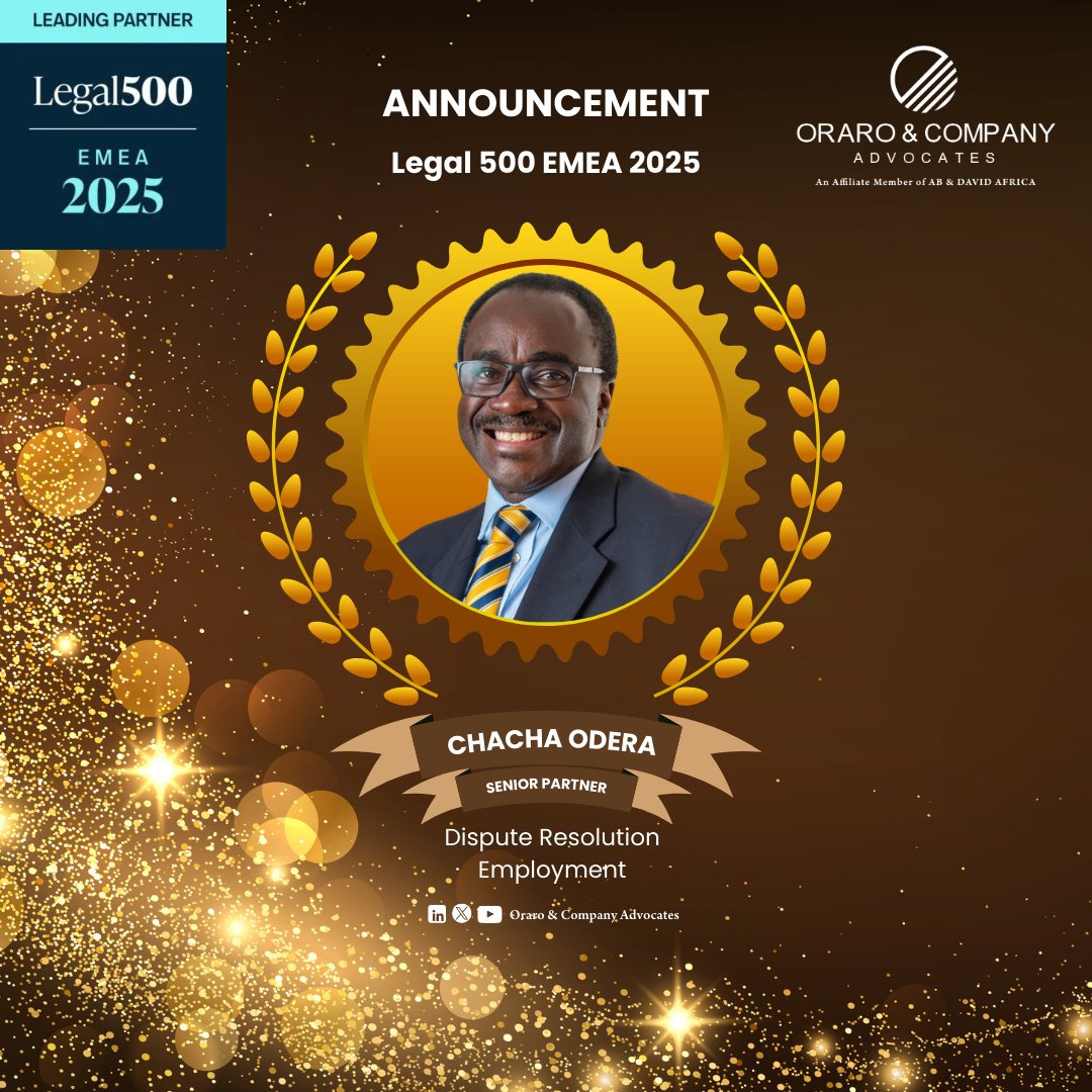 Oraro & Company Advocates (@ocoadvocates) on Twitter photo We are delighted to announce that #ourveryown Senior Partner, <a href="/OderaChacha/">Chacha Odera</a>, has once again been recognised in the Legal 500 EMEA rankings. He retains his position as a Leading Partner in both Dispute Resolution and Employment.
Read more here: tinyurl.com/5mrm84ex
#Legal500 We are delighted to announce that #ourveryown Senior Partner, <a href="/OderaChacha/">Chacha Odera</a>, has once again been recognised in the Legal 500 EMEA rankings. He retains his position as a Leading Partner in both Dispute Resolution and Employment.
Read more here: tinyurl.com/5mrm84ex
#Legal500