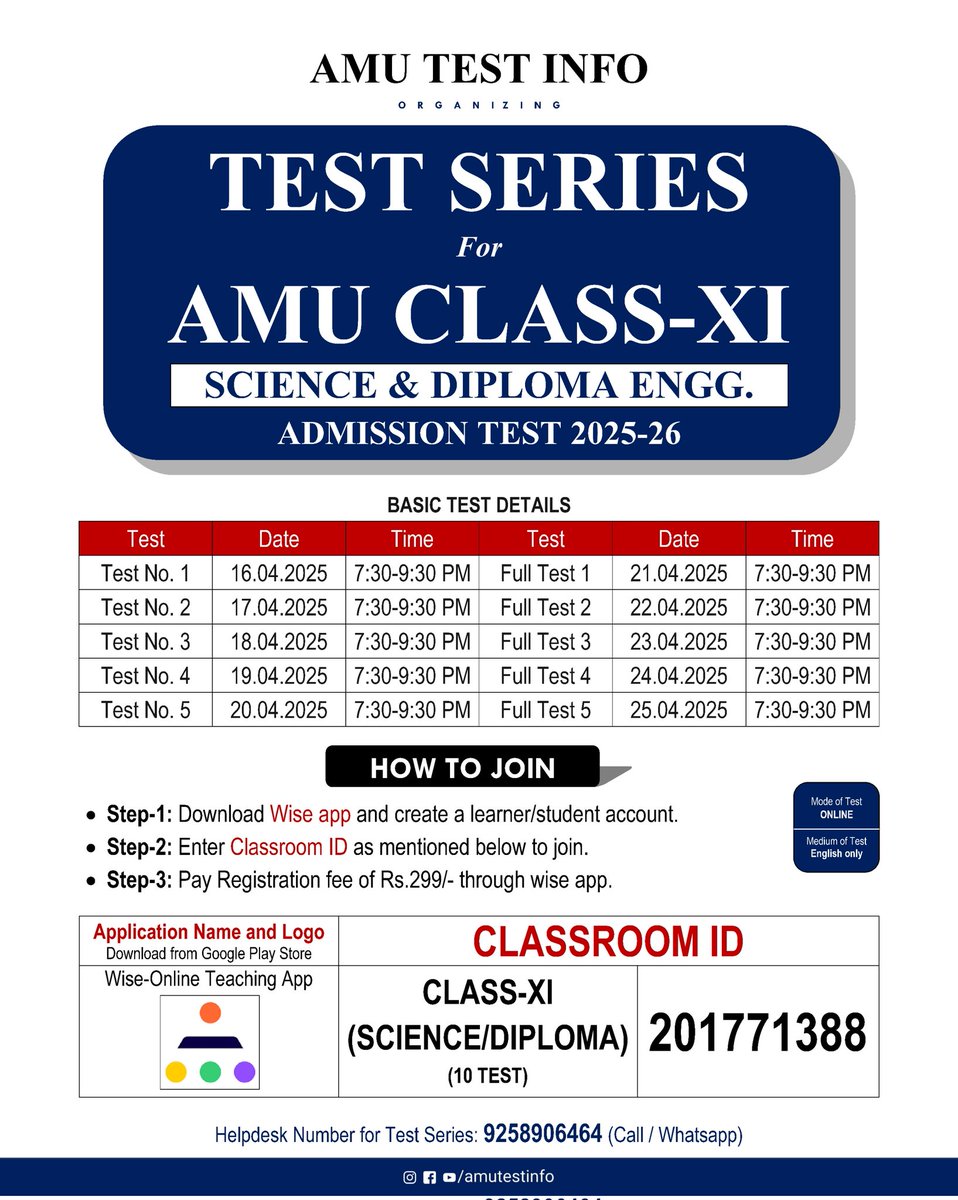 amutestinfo's tweet photo. Mock Test Series for AMU Class-XI Entrance Exam 2025-26.

Helpdesk No: 9258906464

#AMU #AMUTestInfo #Result #Admission #School #AligarhMuslimUniversity #Aligarh #Test #India #Patna #Delhi #India #Kashmir #Uttarpradesh #MockTest #Test #Lucknow #AMU #Muslim #Islam #Bihar #Katihar https://t.co/xjcDJErl8r