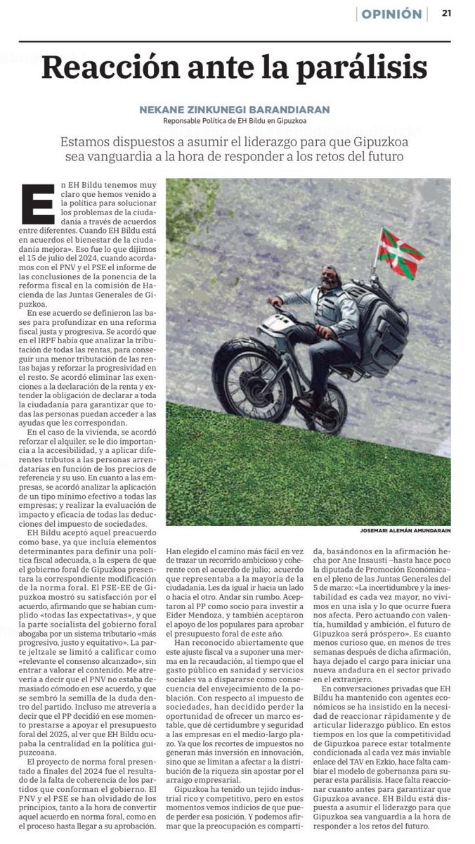 EAJ ez zegoen eroso iazko uztaileko <a href="/BNGipuzkoa/">BN Gipuzkoa</a>|ko zerga ponentziako adostasunean, eta alderdian barne zalantzaren hazia erein zen. PPk une hartan erabaki zuen 2025eko foru aurrekontua babestea, <a href="/ehbildu/">EH Bildu</a> Gipuzkoako politikaren zentroan zela ikusita.

<a href="/diariovasco/">El Diario Vasco</a>|rako idatzi dut.