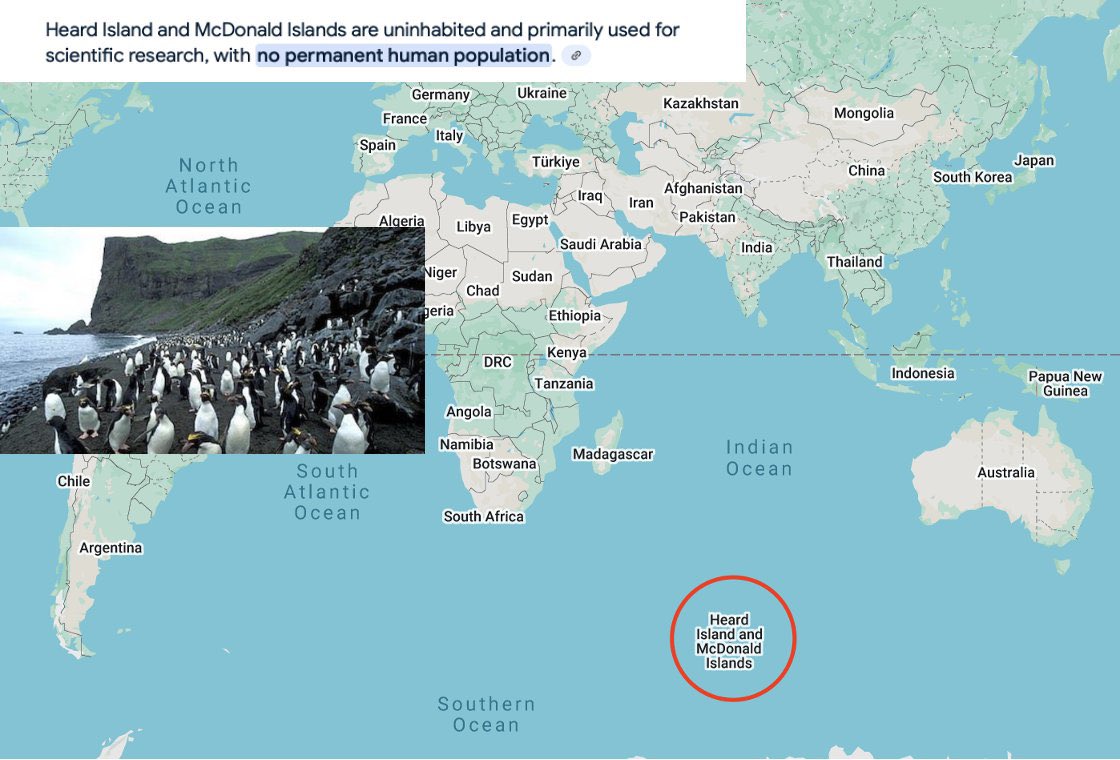 Trump ha puesto un arancel del 10% a las  islas Heard y McDonald.

Tienen 0 habitantes humanos. Solo hay pingüinos.