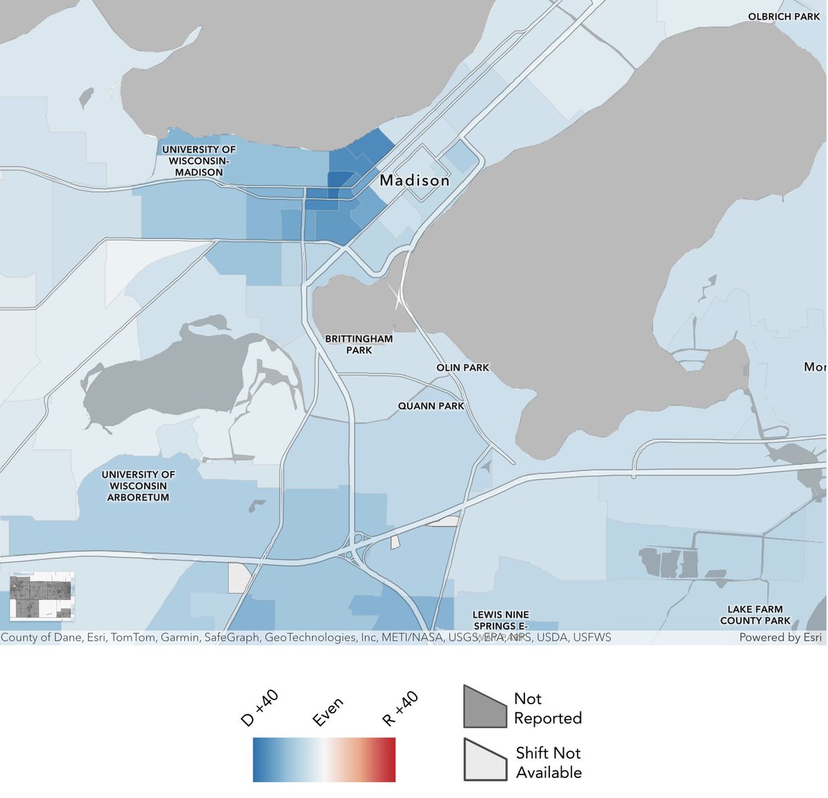 biggest swings in Madison for the Wisconsin Supreme Court election came from the precincts around University of Wisconsin, all of them giving 🔵 Crawford 90-95% of the vote

Likely secondary to turnout drop-off Trump 2024 student voters, making the young population that did vote