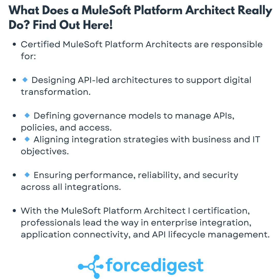 ForceDigest's tweet image. 🌐 What Does a MuleSoft Platform Architect Really Do? Find Out Here! 🚀

From enabling digital transformation to aligning IT with business goals, they ensure seamless communication between platforms like Salesforce, ERP, and cloud services.

#MuleSoftArchitect #SalesforceCert
