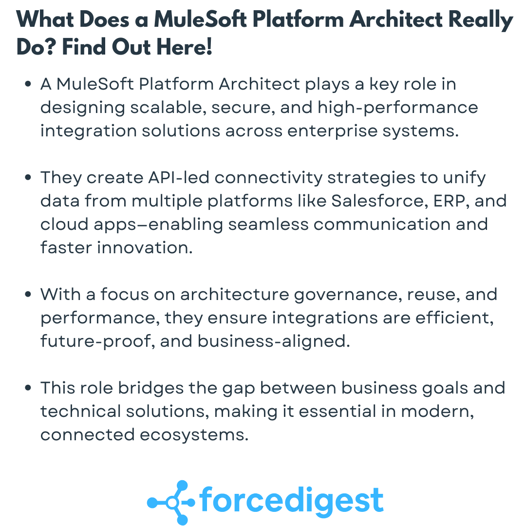 ForceDigest's tweet image. 🌐 What Does a MuleSoft Platform Architect Really Do? Find Out Here! 🚀

From enabling digital transformation to aligning IT with business goals, they ensure seamless communication between platforms like Salesforce, ERP, and cloud services.

#MuleSoftArchitect #SalesforceCert