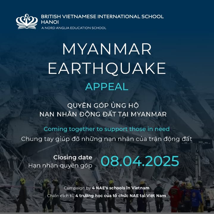 BVISHanoi's tweet image. 🤝 BVIS and 4 NAE schools in Vietnam are partnering with UNICEF to support Myanmar after the devastating earthquake. Donation boxes will be placed at both reception desks until 08/04. Let’s make a difference and support those in need. 💙🌏 #BVISHanoi #NAE #StandWithMyanmar