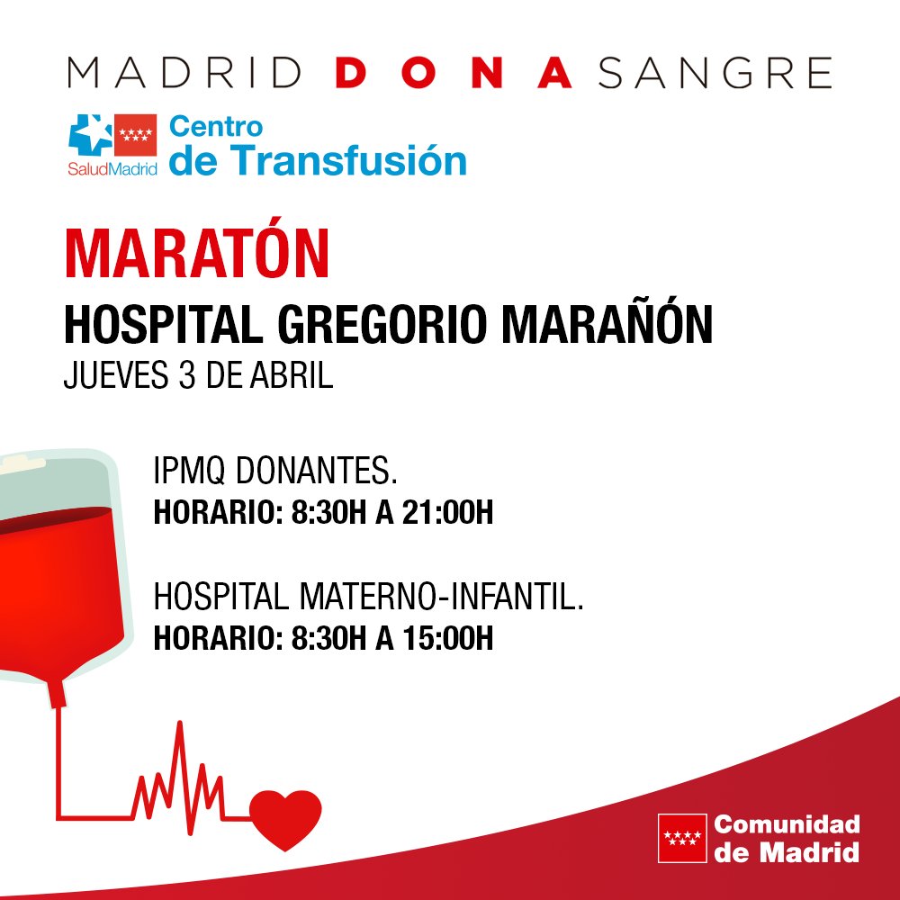 ❣ Continúa el maratón de donación de sangre del Hospital Gregorio Marañón. ¡Anímate a #donarsangre!

⏰ IPMQ 8.30h a 21.00h
⏰ Materno-Infantil 8.30h a 15.00h

👉 Los hospitales necesitan sangre todos los días para intervenciones quirúrgicas y hospitalarias.

#DonaVida