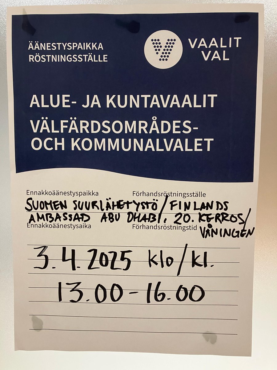 Advance voting for municipal &amp; county elections at the Embassy of Finland in Abu Dhabi is today, 3.4.2025, 1pm-4pm 🇫🇮 Bring a Finnish photo ID &amp; certificate copy with you📇📍Etihad Towers, Office Tower 3, 20th floor, Corniche W St, Abu Dhabi. Welcome to vote at the embassy!👋