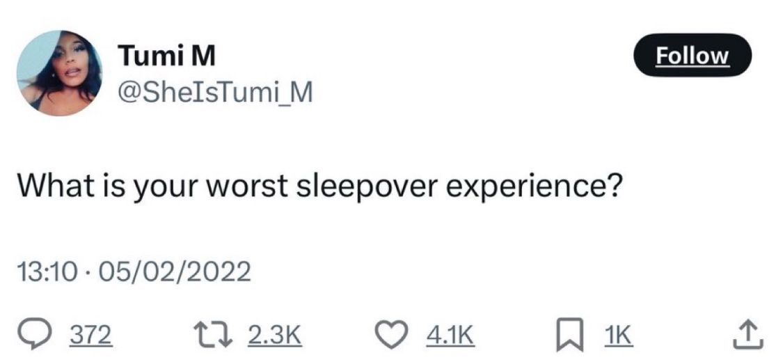 People were asked “What is your worst sleepover experience?” 
The replies is mind blowing😂😭

A Thread 🧵